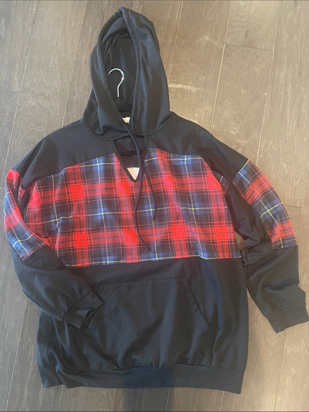 Black Hoodie with Red Plaid Panel - Casual Pullover
